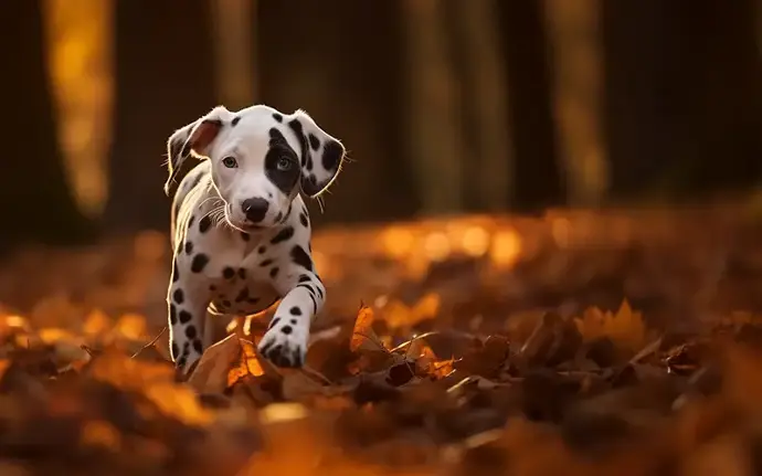 Dalmation Puppy walking through leaves
